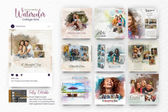 Download Watercolor Collage Social Media Grid - Watercolor Collection