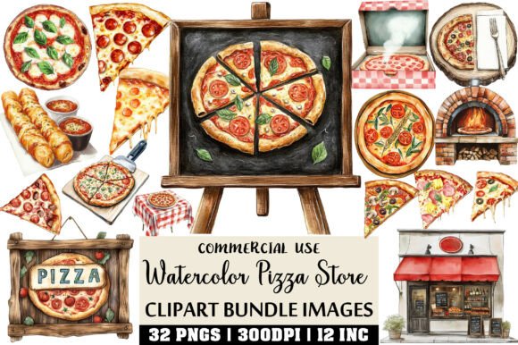 Download Watercolor Pizza Store Clipart Bundle - Watercolor Collection